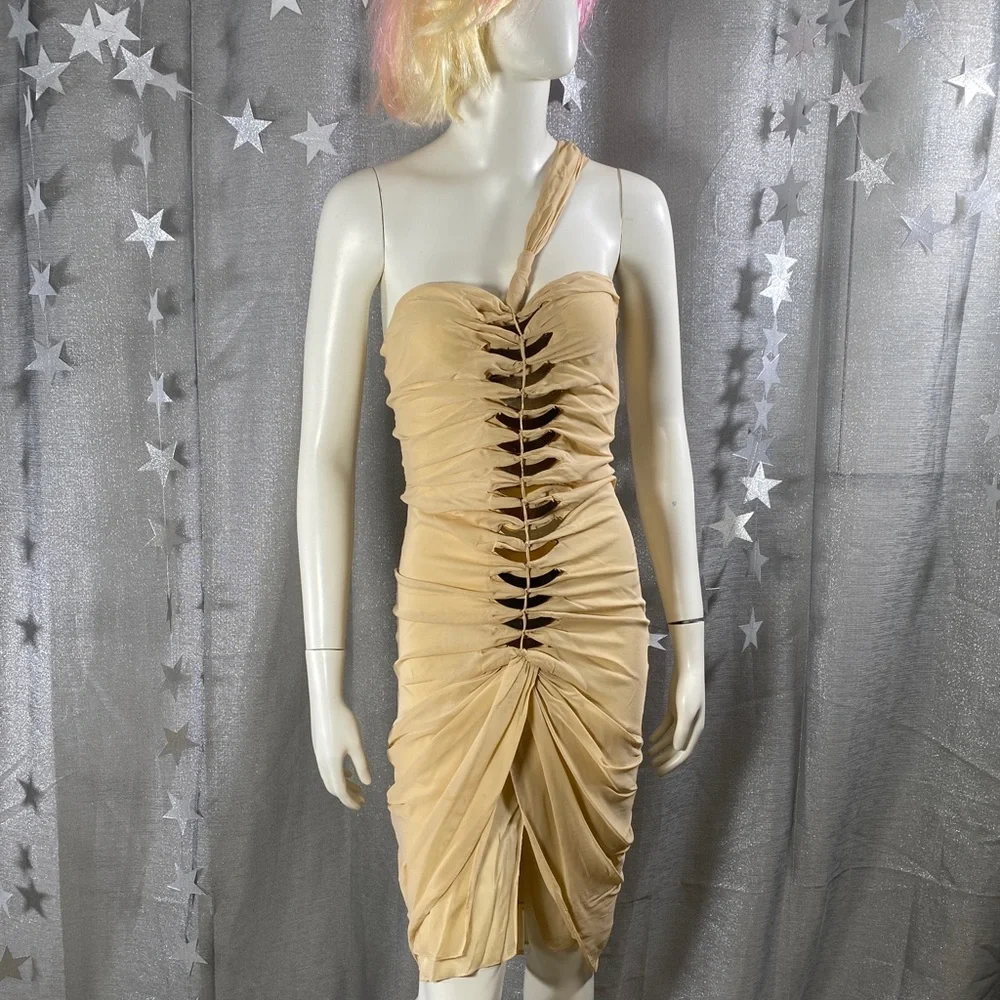 ✨HP✨AUTH GUCCI NUDE Tom Ford Twist Skin Silks Gold Blades Sexy Runway Dress 40 - Picture 17 of 17